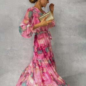 Long-sleeved Floral Print Dress Elegant V-neck Pleated High-waisted Big Swing Chiffon Maxi Dresses For Women Clothing - Image 2