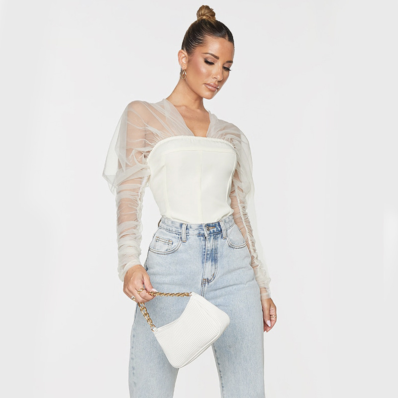 V-Neck Fashion Mesh Panel Puff Sleeve Slim Bodysuit - Image 4