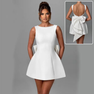 Fashion Big-Bowed Pearls Backless Dress Summer Slim Sleeveless A-line Dresses For Party Evening Women's Clothing - Image 1