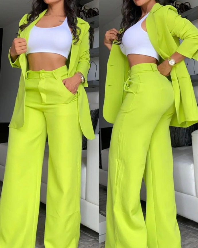 Pure Color Split Sleeve Lapel Suit Straight-leg Pants Suit Women - Image 9
