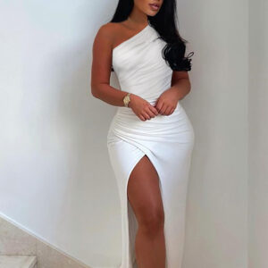 Women's Off-shoulder Pleated Slit Solid Color Dress - Image 2