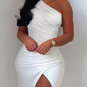 Women's Off-shoulder Pleated Slit Solid Color Dress - Image 3