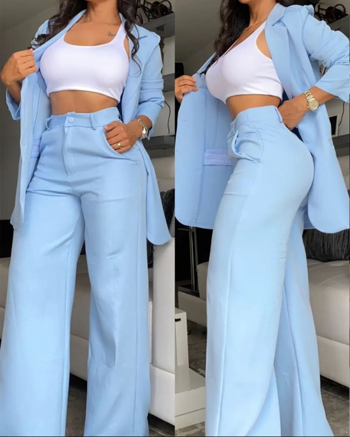 Pure Color Split Sleeve Lapel Suit Straight-leg Pants Suit Women - Image 7