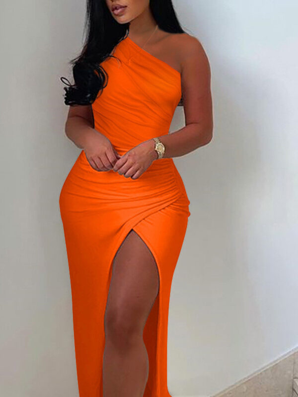 womens-off-shoulder-pleated-slit-solid-color-dress