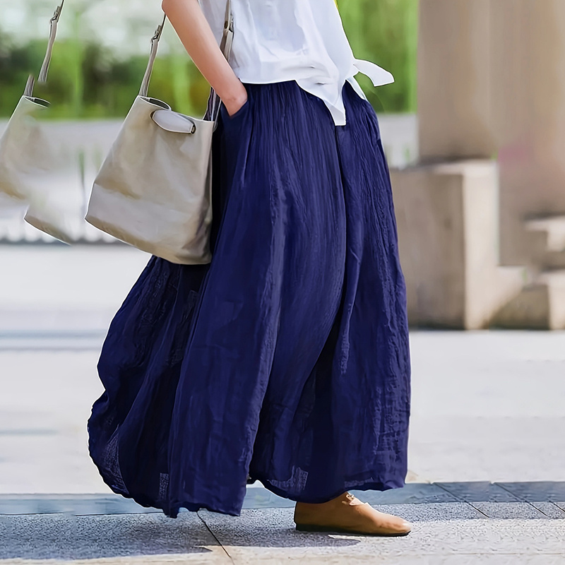 Women Bohemian Beach A-Line Dress Elastic Waist Flowy Long Maxi Skirt With Pockets - Image 10