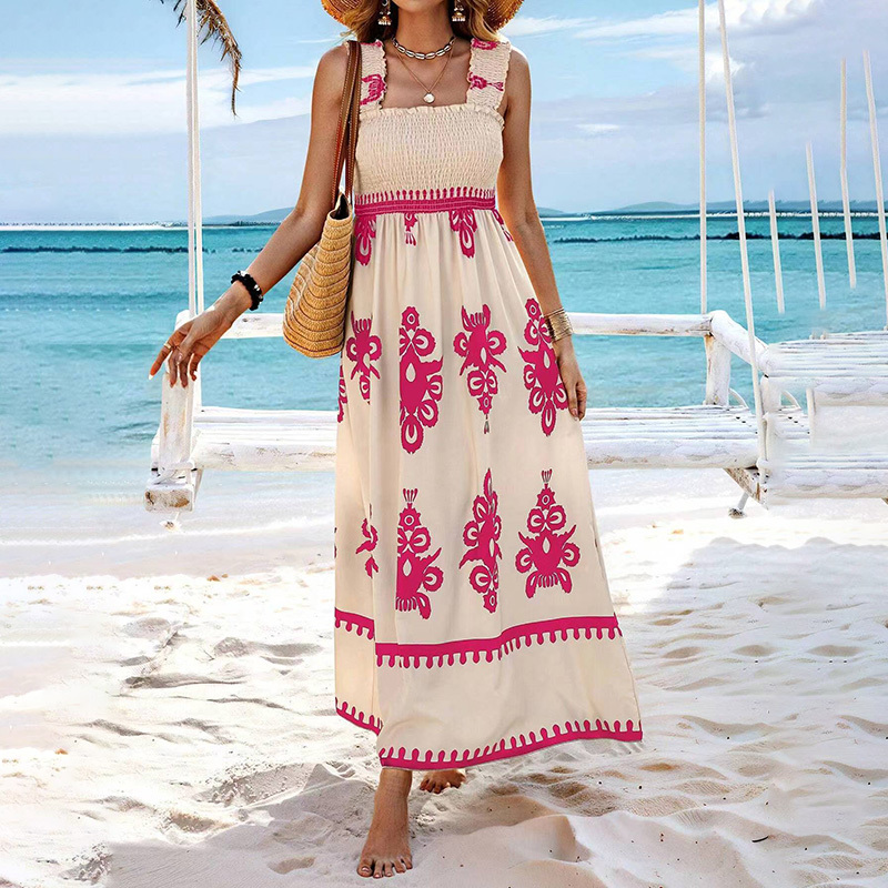 Women's Wide Strap Printed Maxi Dress With Bust Pleats, A-Line Vacation Dress - Image 9