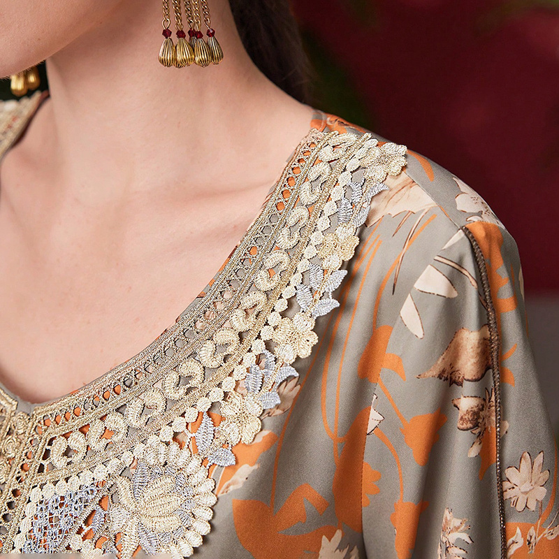 Women's Elegant Plus Size Floral Print Maxi Dress - Middle Eastern Bohemian Style Embroidery Long Dress - Image 6