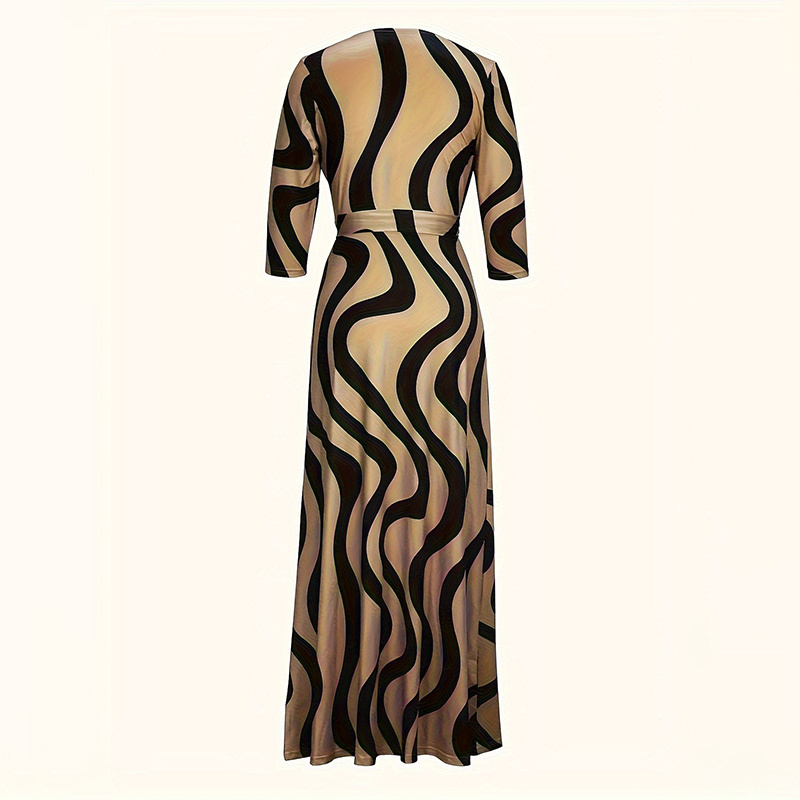 Women's V-Neck Elegant Half-Sleeve Belted Waist Print Maxi Dress For Spring&Summer Dress - Image 3