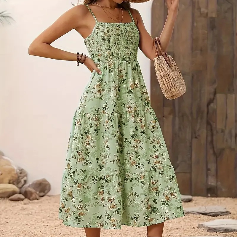 Womens Summer Floral Midi Dress Smocked Spaghetti Strap Sleeveless Tiered Casual Flowy Dresses - Image 10