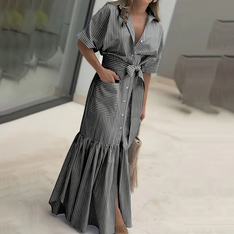 Women's Summer Casual Striped Button Down Maxi Dress Tie Waist Short Sleeve Shirt Dress With Pockets - Image 9