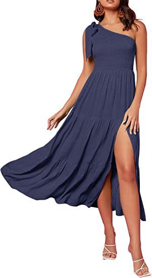 New Summer Fashion Women's One-shoulder Pleated Layered Hem Split Dress - Image 4