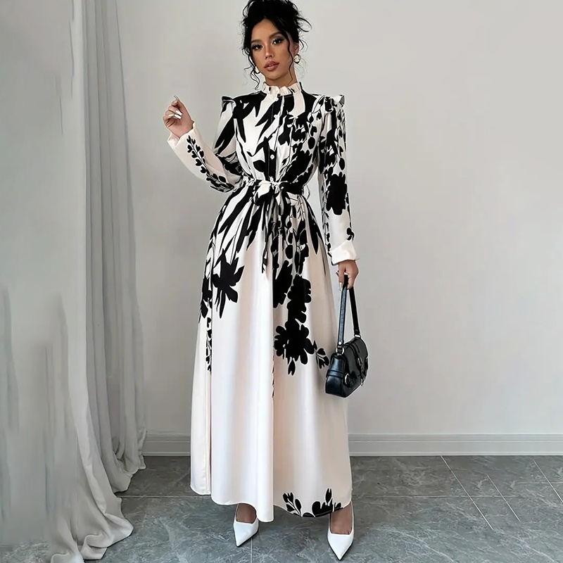 Women's Floral Print Long Sleeve Maxi Dress - Stand Collar A-Line Dress With Waist Detail, Lantern Sleeves & Ruffle Hem For Spring&Fall - Image 4