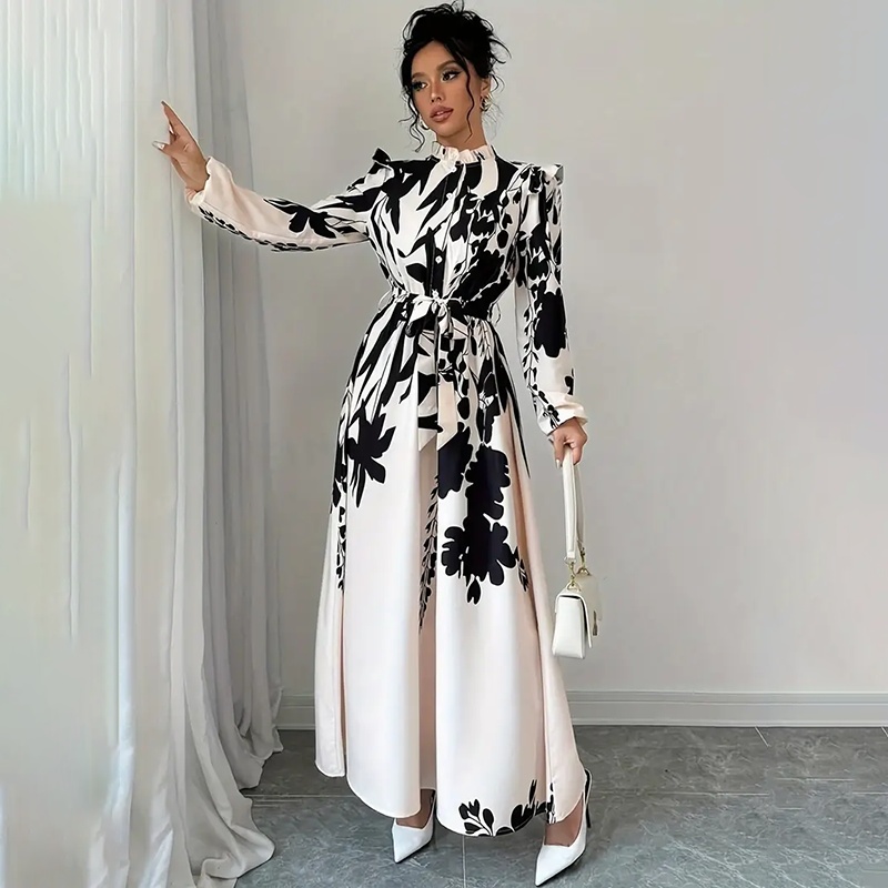 Women's Floral Print Long Sleeve Maxi Dress - Stand Collar A-Line Dress With Waist Detail, Lantern Sleeves & Ruffle Hem For Spring&Fall - Image 3