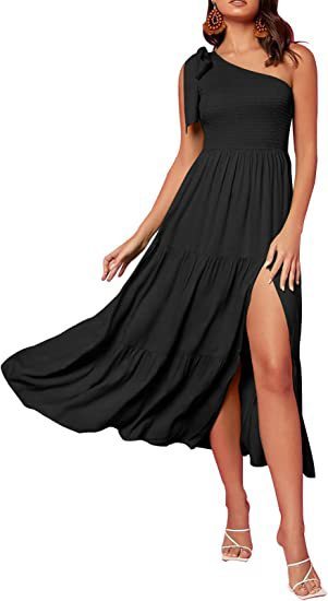 New Summer Fashion Women's One-shoulder Pleated Layered Hem Split Dress - Image 8