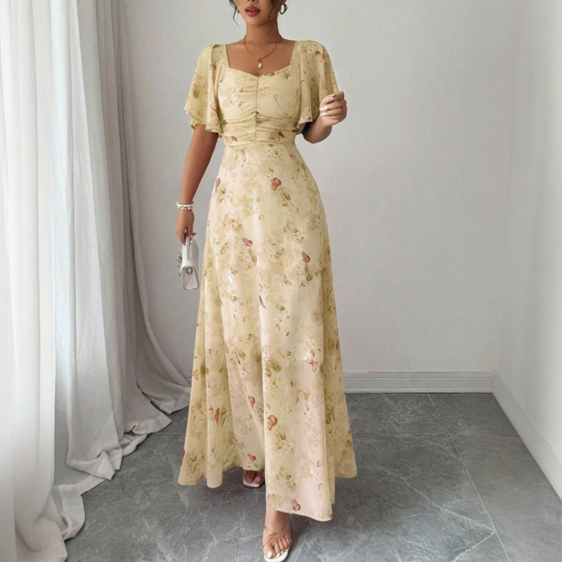 Women's Solid Color Square Neck Short Sleeve Butterfly Print Flowy Dress A-Line Summer Vacation Maxi Dress - Image 8