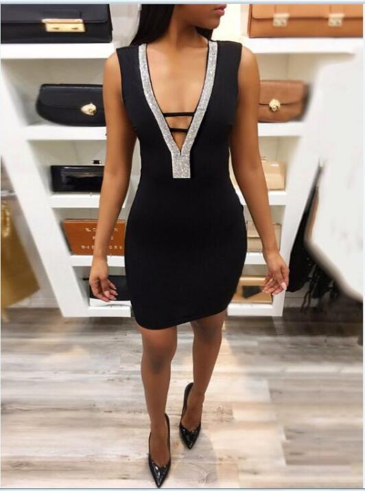 Sexy Slim Ladies Deep V-neck Bodycon Party Dresses Women Summer Sleeveless Hollow Out Backless Package Hip Dress Clubwear - Image 2