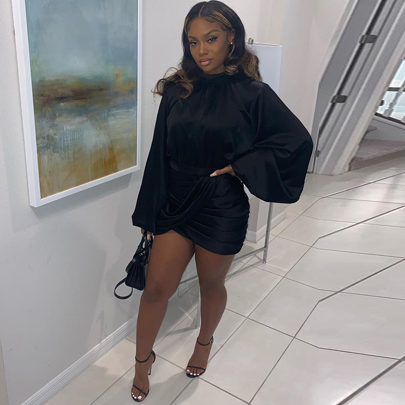 lessverge Turtleneck satin silk black wrap dress Women elegant office lady short dress Casual autumn winter bodycon dresses - Image 5