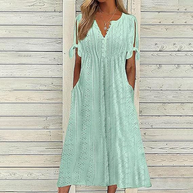 Women's Eyelet V-Neck Maxi Dress Short Sleeve Flowy A-Line Summer Beach Dress - Image 2