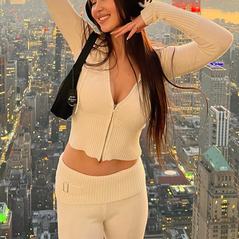 Hoodie Suit Women Leisure Sexy Zip Long Sleeve Sweater And High Waist Long Pants Set - Image 5