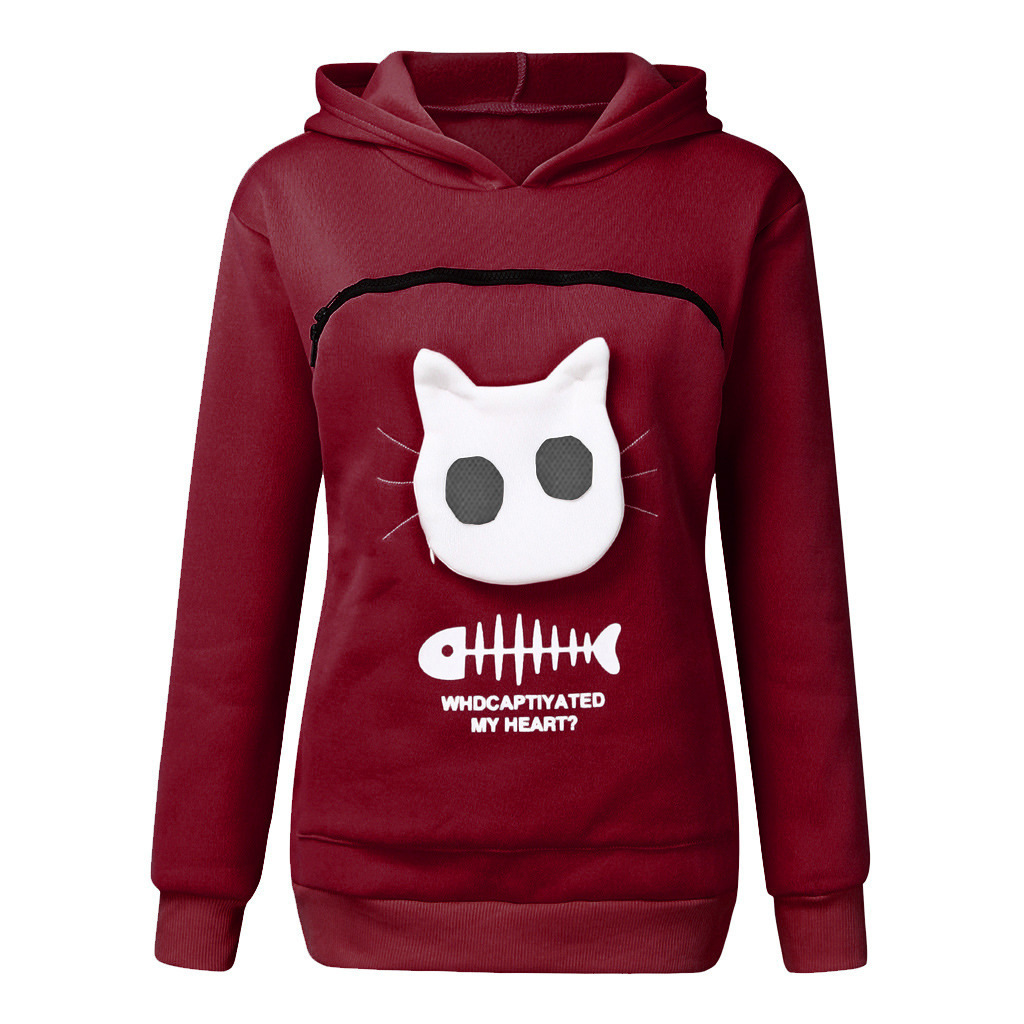 Women Hoodie Sweatshirt With Cat Pet Pocket Design Long Sleeve Sweater Cat Outfit - Image 10