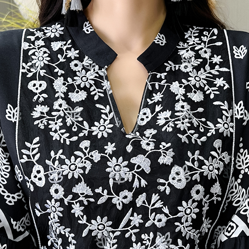 Women's Bohemian Embroidery V-neck Dress, Elegant 3 4 Sleeve A-line Swing Maxi Dress - Image 6