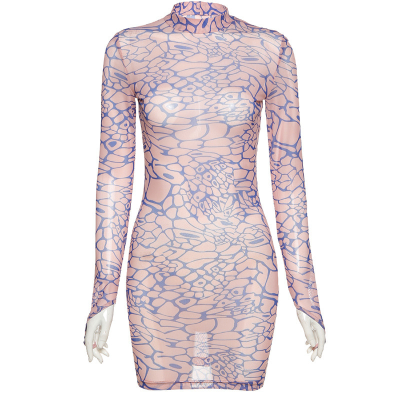 Simenual Digital Print Mesh Hot Bodycon Dress Women Long Sleeve Finger Buckle Partywear Transparent Club Sexy Hot Mini Dresses - Image 6