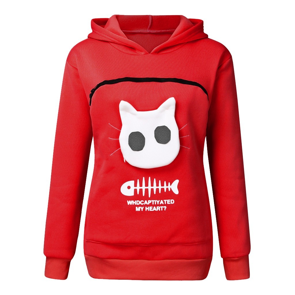 Women Hoodie Sweatshirt With Cat Pet Pocket Design Long Sleeve Sweater Cat Outfit - Image 4