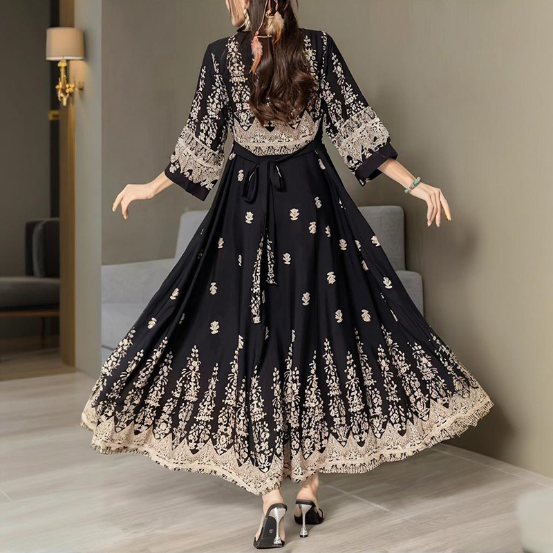 Women's Bohemian Embroidered Maxi Dress Elegant 3 4 Sleeve Swing Dress - Image 4