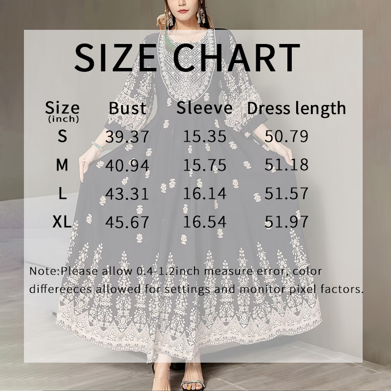 Women's Bohemian Embroidered Maxi Dress Elegant 3 4 Sleeve Swing Dress - Image 6