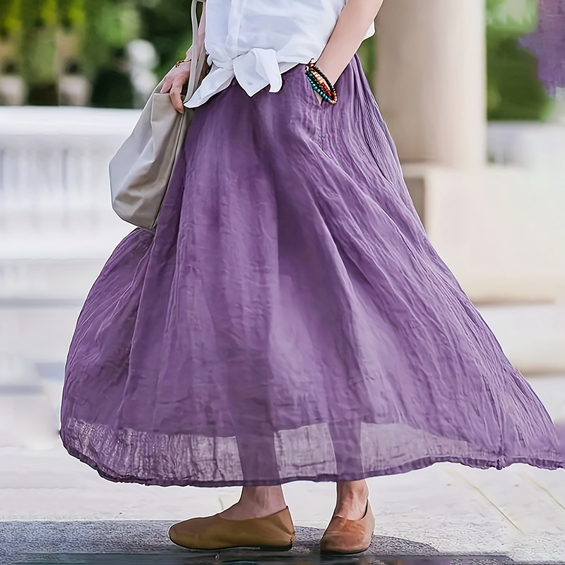 Women Bohemian Beach A-Line Dress Elastic Waist Flowy Long Maxi Skirt With Pockets - Image 2