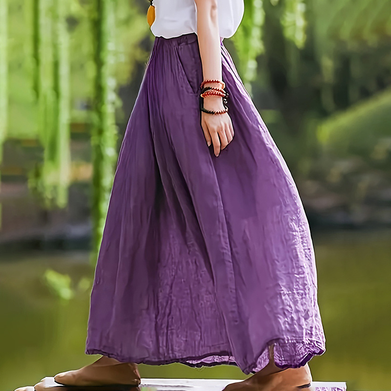 Women Bohemian Beach A-Line Dress Elastic Waist Flowy Long Maxi Skirt With Pockets - Image 3