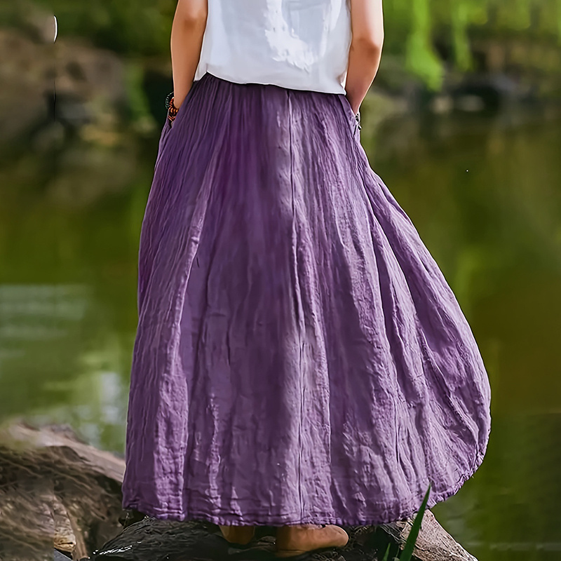 Women Bohemian Beach A-Line Dress Elastic Waist Flowy Long Maxi Skirt With Pockets - Image 4