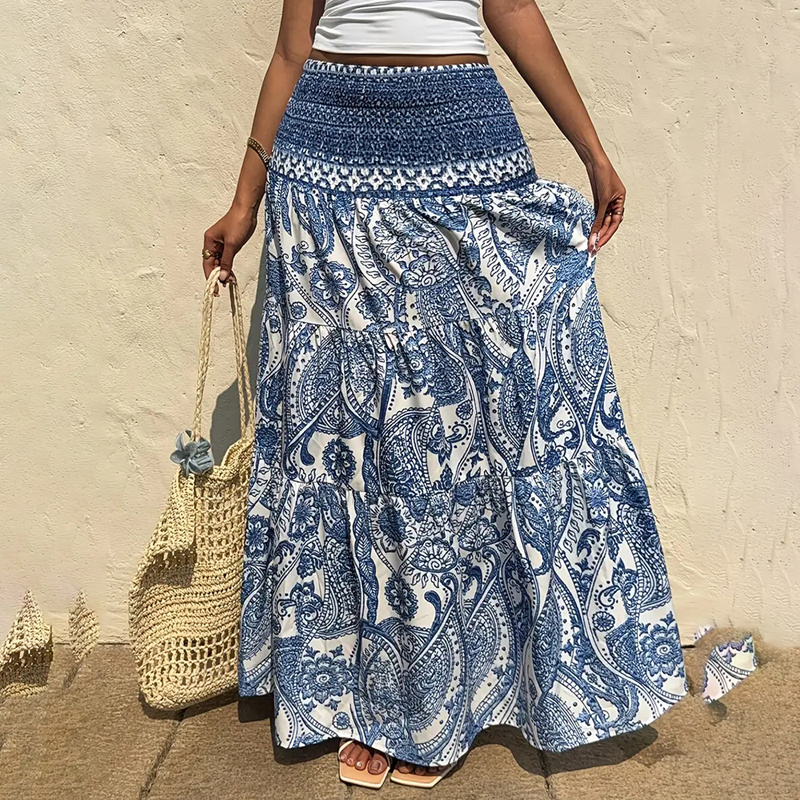 Women's Boho Floral Print Maxi Skirt - Elastic Waist A-Line Long Skirt For Spring&Summer Casual Beach Skirt - Image 4