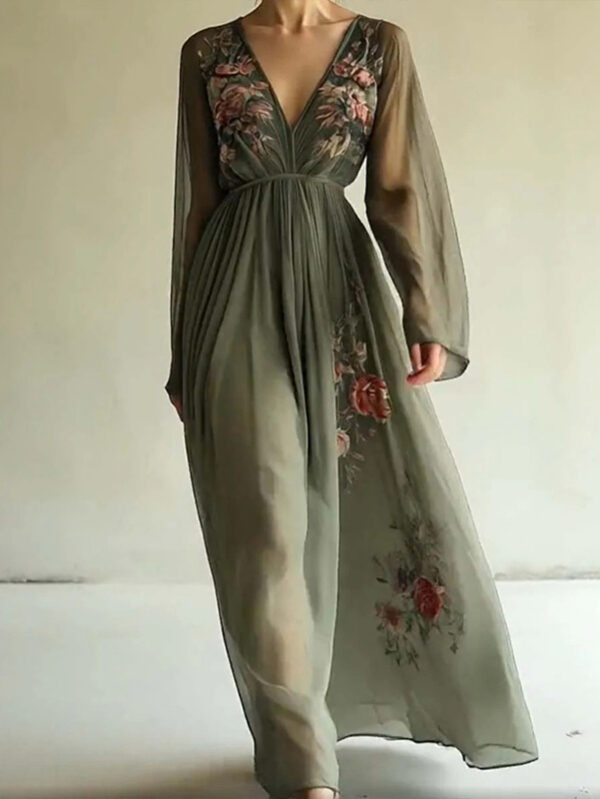womens-elegant-v-neck-green-floral-print-a-line-maxi-semi-sheer-long-sleeve-springsummer-dress