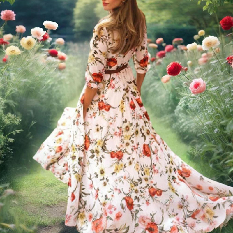 Women's Elegant Floral Print Boho Dress - Round Neck Half Sleeves Flowy Maxi Dress - Image 2