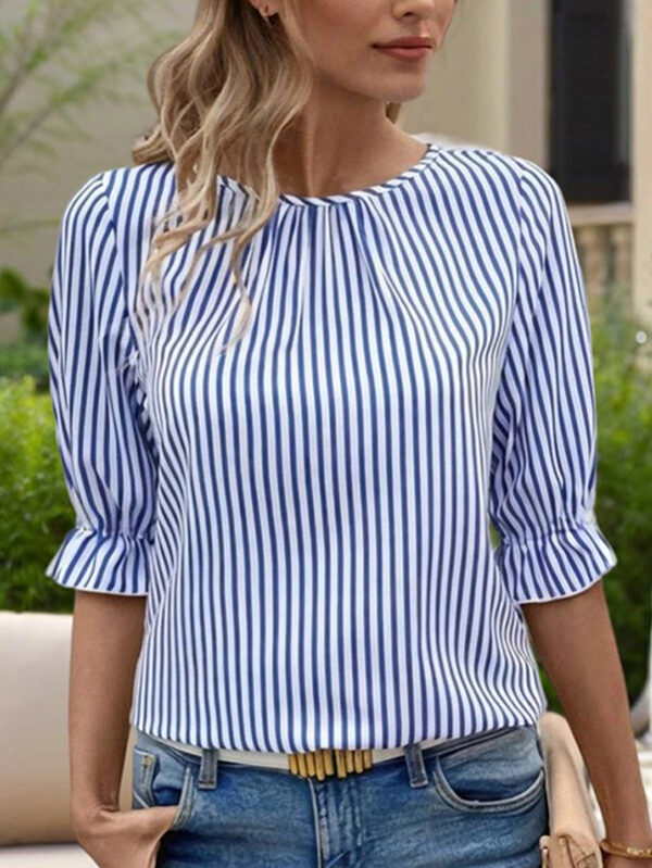 womens-solid-color-casual-back-button-shirt-round-neck-striped-summer-top-breathable-blouse-for-relaxed-wear