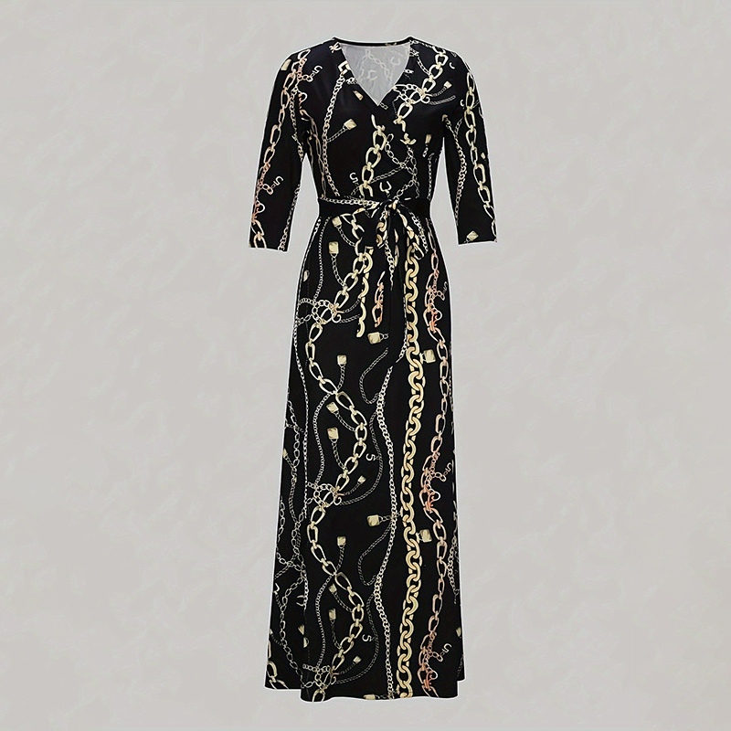 Women's V-Neck Elegant Half-Sleeve Belted Waist Print Maxi Dress For Spring&Summer Dress - Image 8