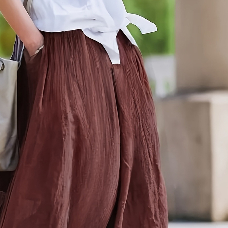 Women Bohemian Beach A-Line Dress Elastic Waist Flowy Long Maxi Skirt With Pockets - Image 9