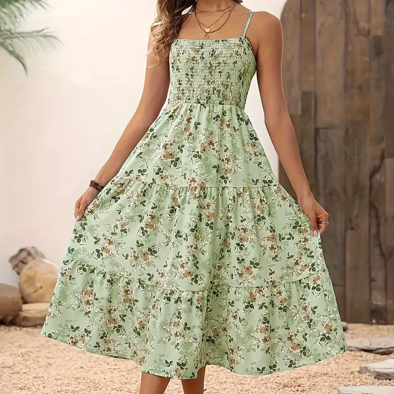 Womens Summer Floral Midi Dress Smocked Spaghetti Strap Sleeveless Tiered Casual Flowy Dresses - Image 9
