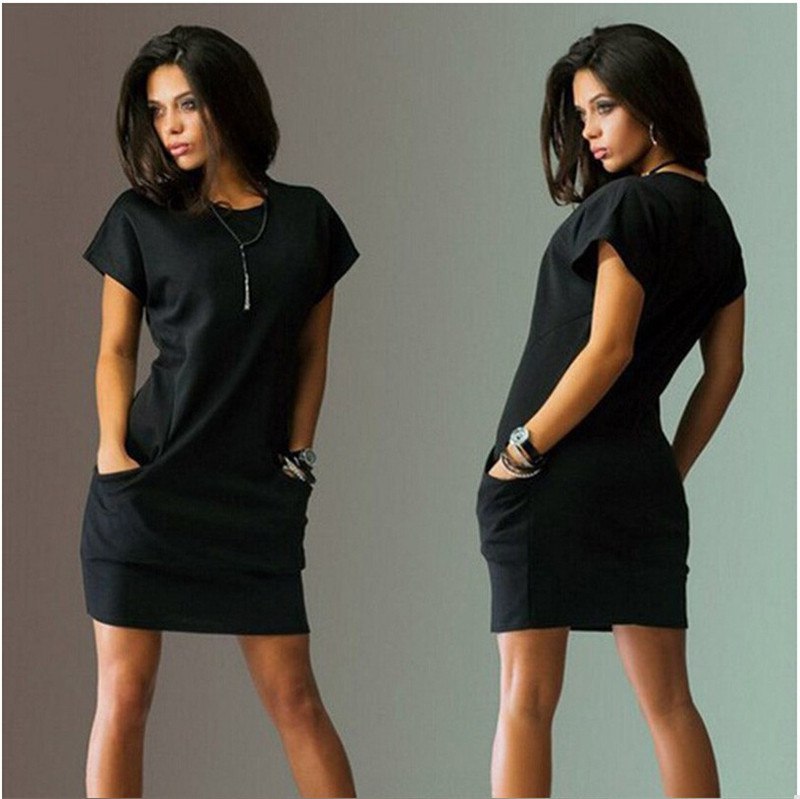 Summer Fashion Women Clothing Casual Short Sleeve O-Neck Black Blue Dresses Slim Pocket Bodycon T Shirt Dress - Image 2