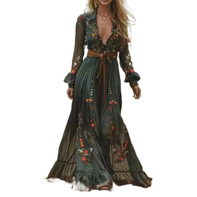 Fashion Fall Maxi Dress For Women Bohemian Retro Floral Print Sheer Sleeve Long Flowy Shirt Dress, Belt Not Included - Image 2