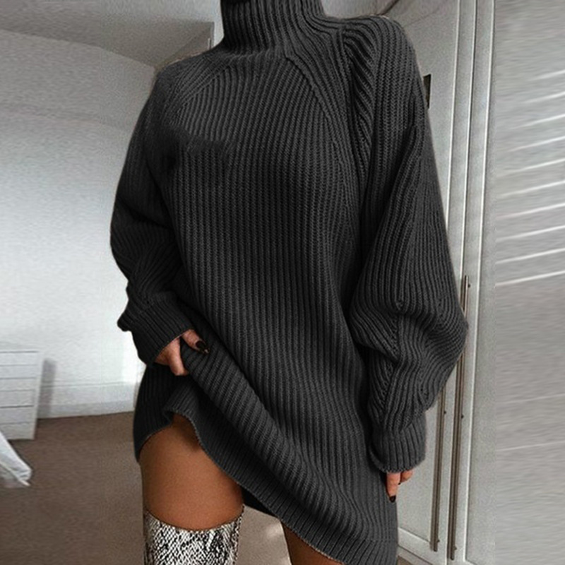 Solid Turtleneck Long Sweater Winter Warm Women Sweater Dress - Image 4