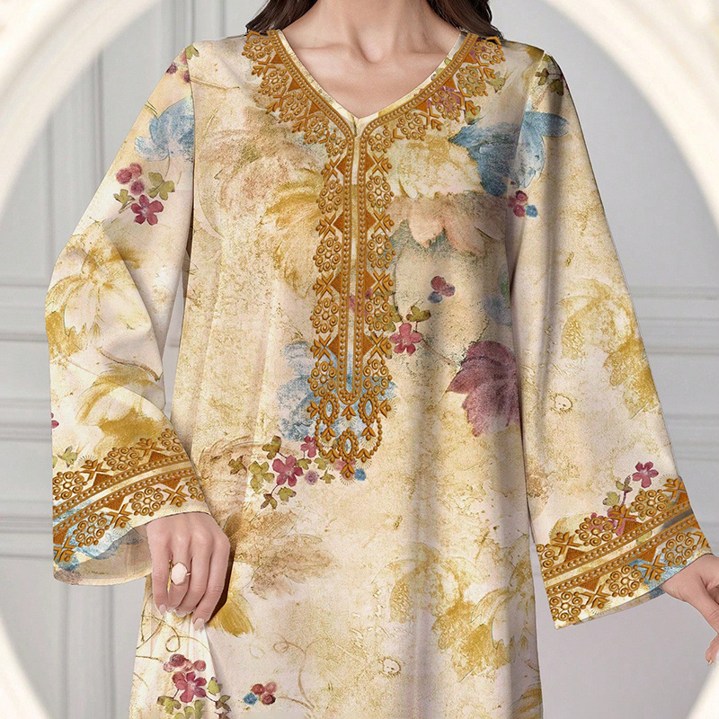 Women's Chic Bohemian Floral V-Neck Maxi Dress, Elegant Golden Long Sleeve Loose Fit Casual Dress - Image 2