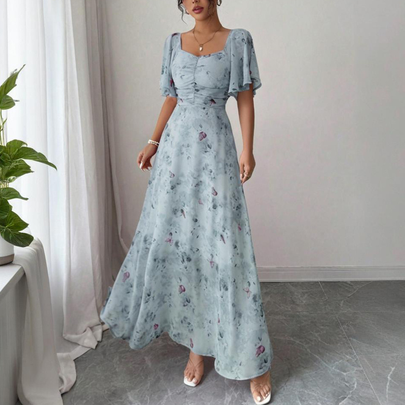 Women's Solid Color Square Neck Short Sleeve Butterfly Print Flowy Dress A-Line Summer Vacation Maxi Dress - Image 2
