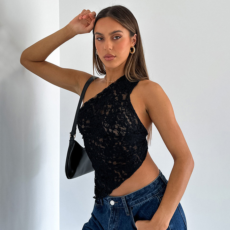 Ins Lace Backless Top Summer Solid Color Waistless Asymmetrical Sloped Neck Vest Streetwear Womens Clothes - Image 10