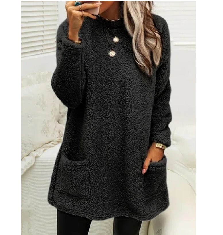 Women's Fleece Pullover Long Sweater With Pockets Winter Warm Thinken Sweatershirt Casual Long Sleeve Plush Tops Hoodie Coat Streetwear Fall Loose Outfits Hoodie Tops - Image 3
