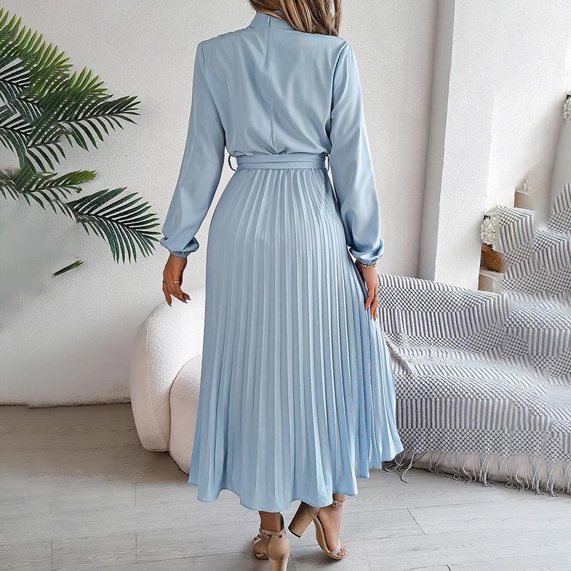 Elegant High Neck Long Sleeve Pleated Maxi Dress - Solid Color Flowy Dress For Women, Casual To Formal Wear - Image 6