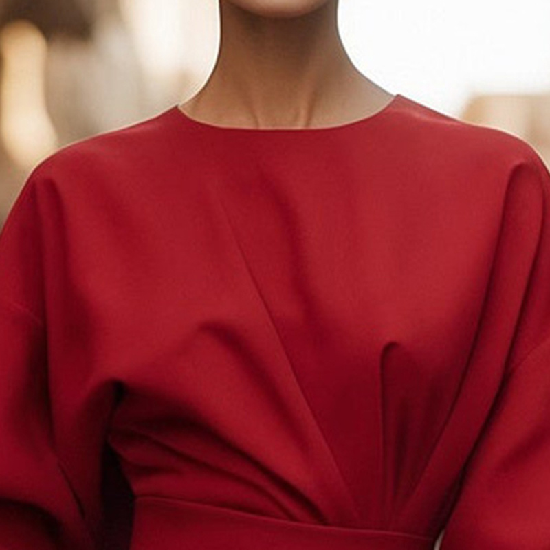 Plus Size Women's Elegant Solid Color Round Neck Mid-Sleeve Maxi Dress Waist-Defining Pleated Design For Office, Party, Wedding Guest - Image 10