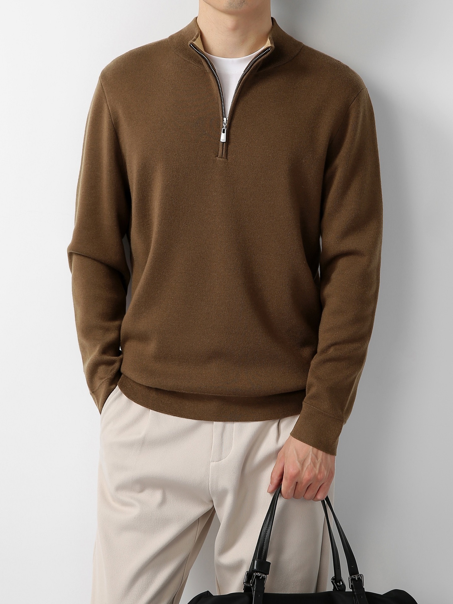 Men's Sweater Light Mature Simple Zip Stand Collar Machine Washable Merino Wool Knitwear - Image 10