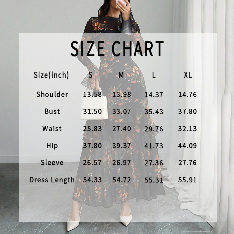 Women's Floral Print Maxi Dress, Sheer Mesh Flare Sleeve With Tiered Ruffle, Romantic Boho Casual Long Dress - Image 7